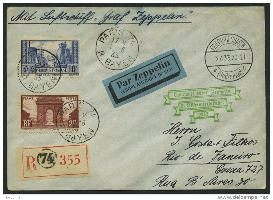 ZULEITUNGSPOST 214 BRIEF, Frankreich: 1933, 2. S&uuml;damerikafahrt, Einschreibbrief, Pracht - Zeppeline