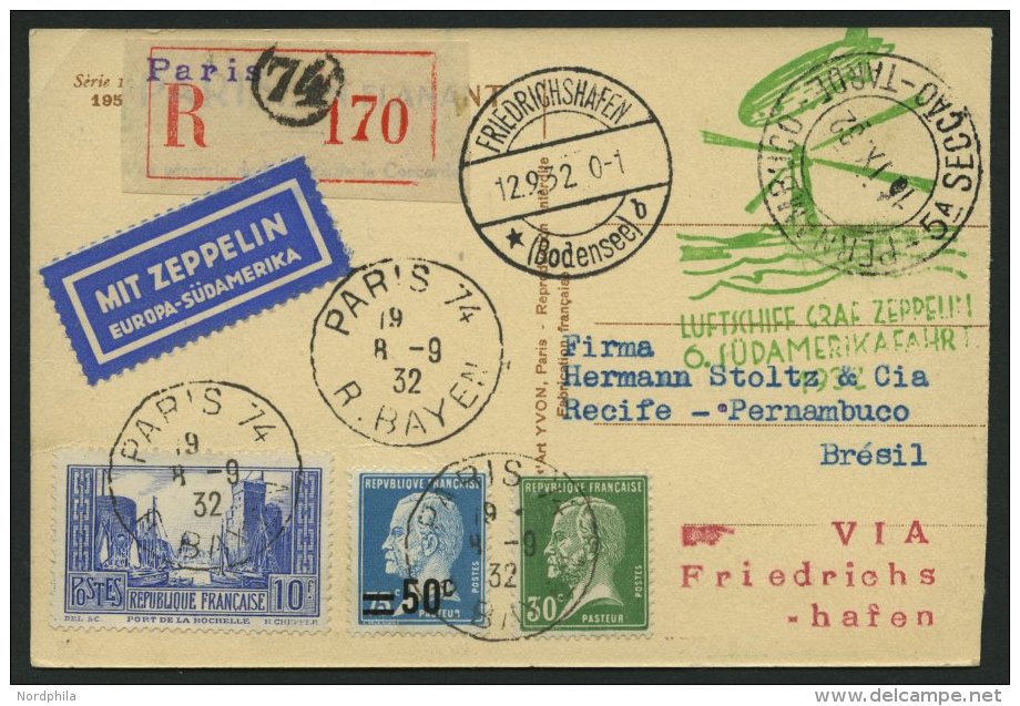 ZULEITUNGSPOST 177 BRIEF, Frankreich: 1932, 6. S&uuml;damerikafahrt, Einschreibkarte, Pracht - Zeppeline