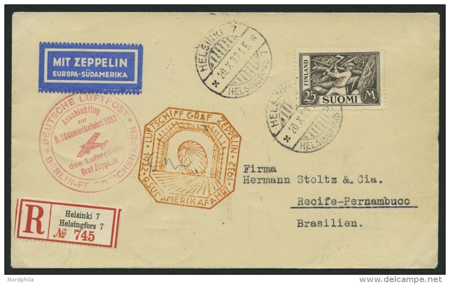 ZULEITUNGSPOST 195B BRIEF, Finnland: 1932, 9. S&uuml;damerikafahrt, Anschlu&szlig;flug Ab Berlin, Einschreibbrief, Prach - Zeppeline
