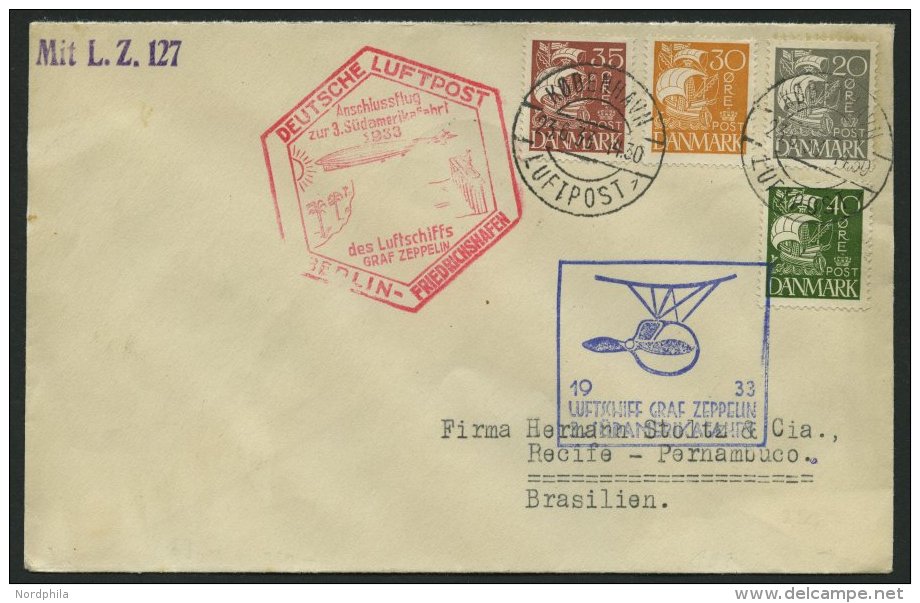 ZULEITUNGSPOST 219B BRIEF, D&auml;nemark: 1933, 3. S&uuml;damerikafahrt, Anschlu&szlig;flug Ab Berlin, Prachtbrief - Zeppeline