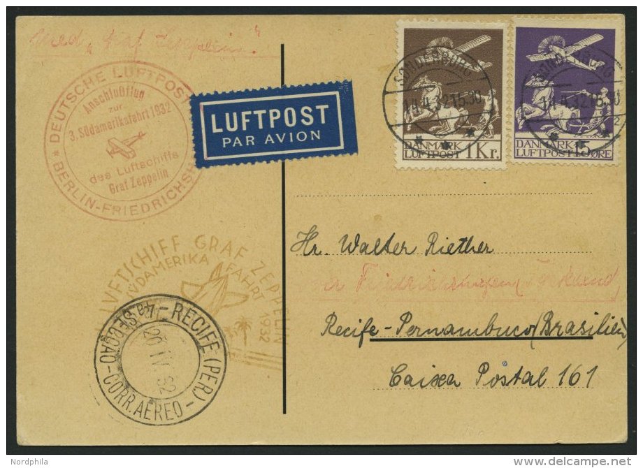 ZULEITUNGSPOST 150B BRIEF, D&auml;nemark: 1932, 3. S&uuml;damerikafahrt, Anschlu&szlig;flug Ab Berlin, Karte Feinst - Zeppeline