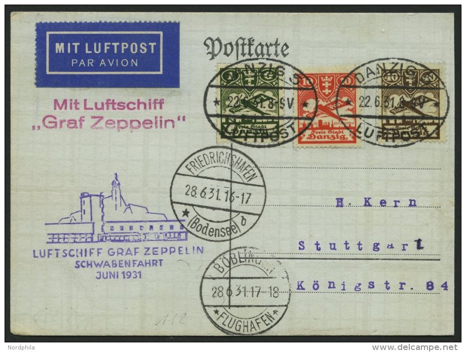 ZULEITUNGSPOST 112Aa BRIEF, Danzig: 1931, Schwabenfahrt, Post Nach B&ouml;blingen, Prachtkarte - Luft- Und Zeppelinpost
