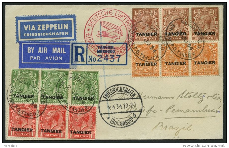 ZULEITUNGSPOST 250 BRIEF, Britische Post In Marokko (Tanger): 1934, 2. S&uuml;damerikafahrt, Einschreibbrief, Pracht - Zeppeline