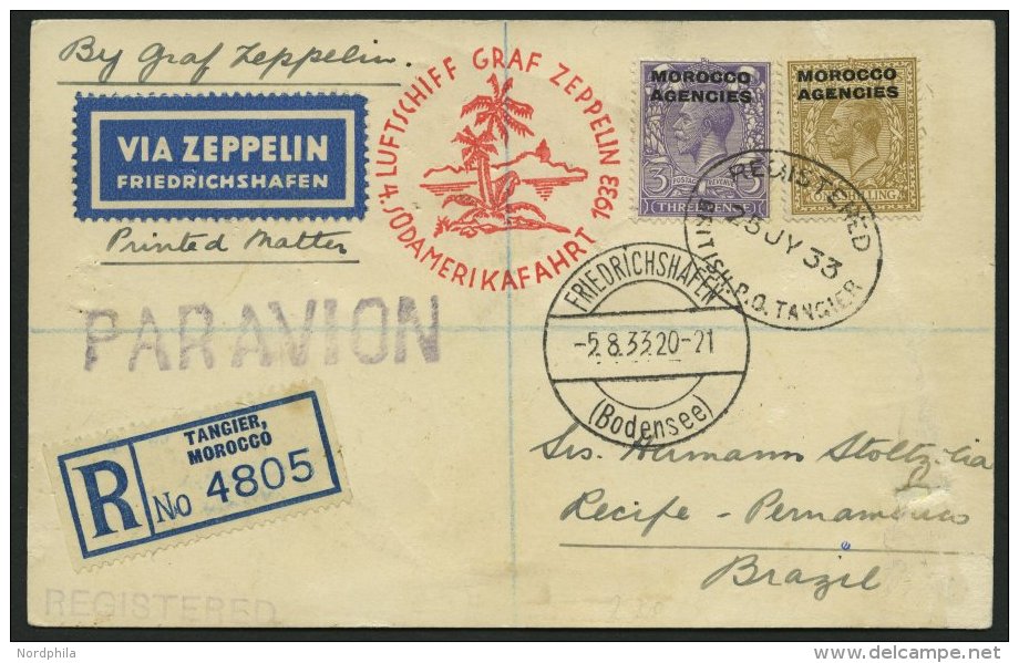 ZULEITUNGSPOST 223 BRIEF, Britische Post Marokko (Tanger): 1933, 4. S&uuml;damerikafahrt, Einschreibkarte, Feinst (Karte - Zeppeline