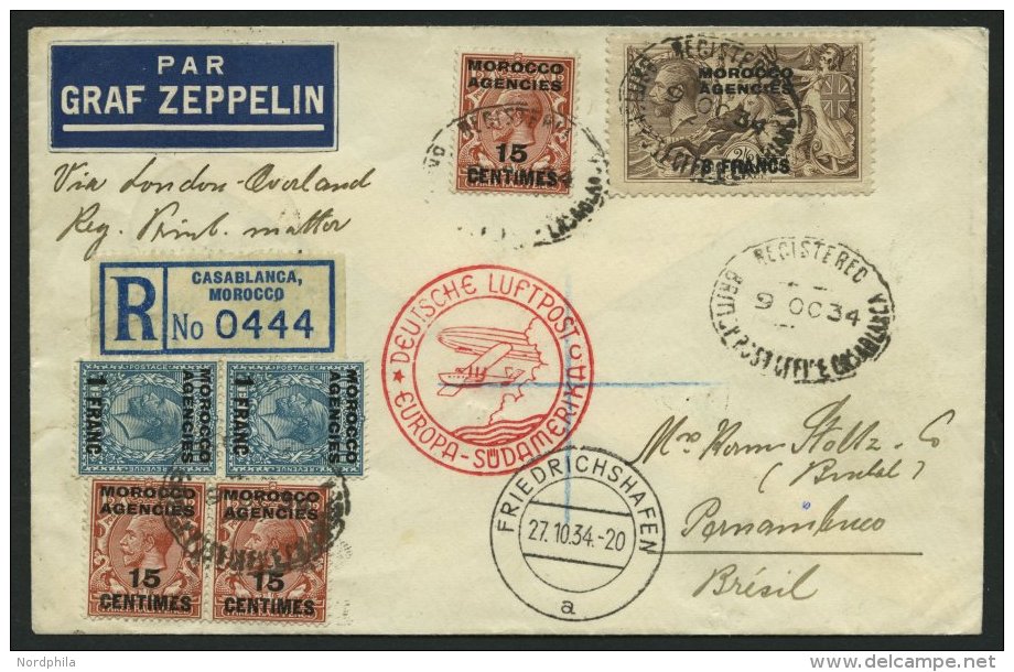 ZULEITUNGSPOST 283 BRIEF, Britische Post In Marokko (Franz&ouml;sische Zone): 1934, 11. S&uuml;damerikafahrt, Einschreib - Zeppeline