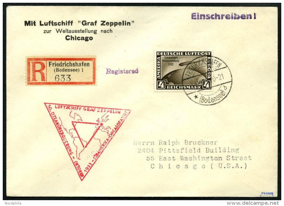 ZEPPELINPOST 238Bca BRIEF, 1933, Chicagofahrt, Auflieferung Fr`hafen, Bis Chicago, Einzelfrankatur 4 RM Chicagofahrt Auf - Zeppeline