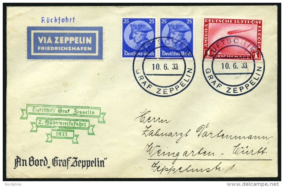 ZEPPELINPOST 214Ac BRIEF, 1933, 2. S&uuml;damerikafahrt, Bordpost R&uuml;ckfahrt, Prachtbrief - Zeppeline