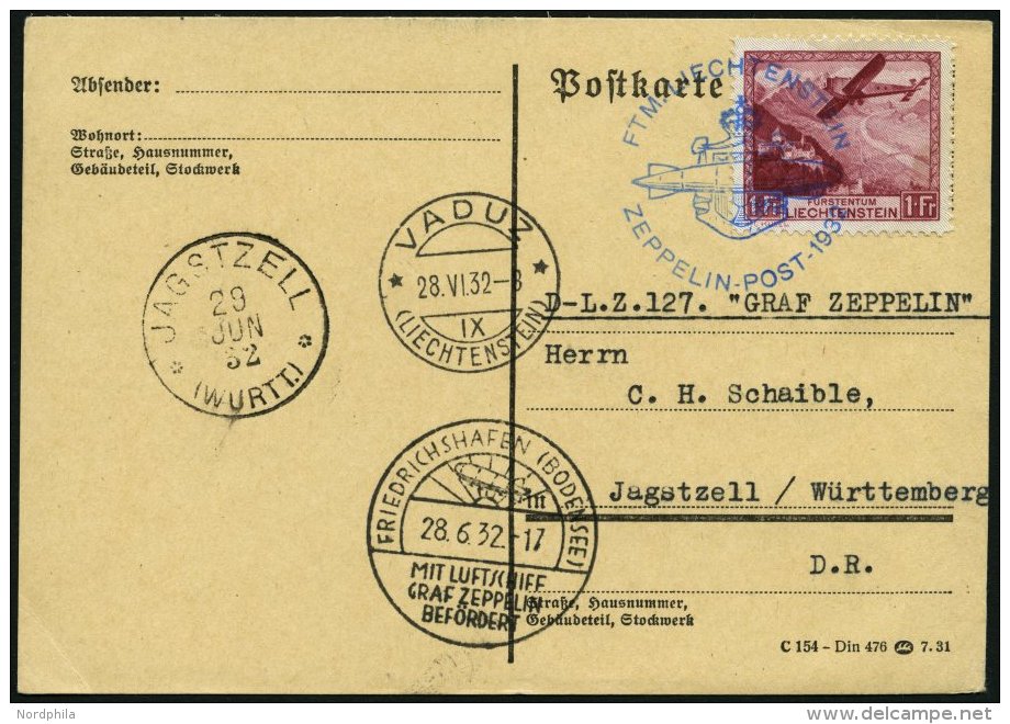 ZEPPELINPOST 167 BRIEF, 1932, Schweizfahrt, Auflieferung Vaduz, Frankiert Mit Mi.Nr 113, Prachtkarte - Zeppeline