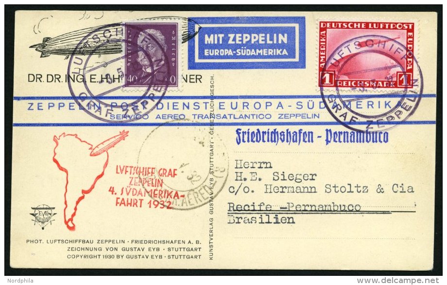 ZEPPELINPOST 157Ab BRIEF, 1932, 4. S&uuml;damerikafahrt, Bordpost Hinfahrt, Prachtkarte - Zeppeline
