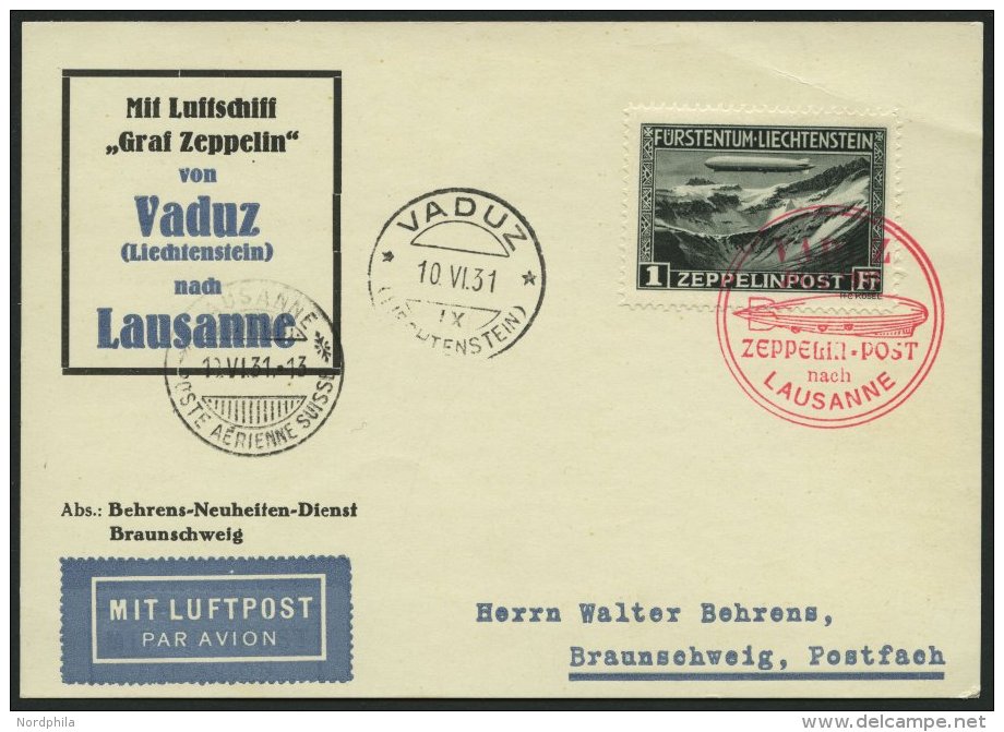 ZEPPELINPOST 110A BRIEF, 1931, Fahrt Nach Vaduz, Frankiert Mit Sondermarke 1 Fr., Karte Kleine Knitter, Marke Pracht - Zeppeline