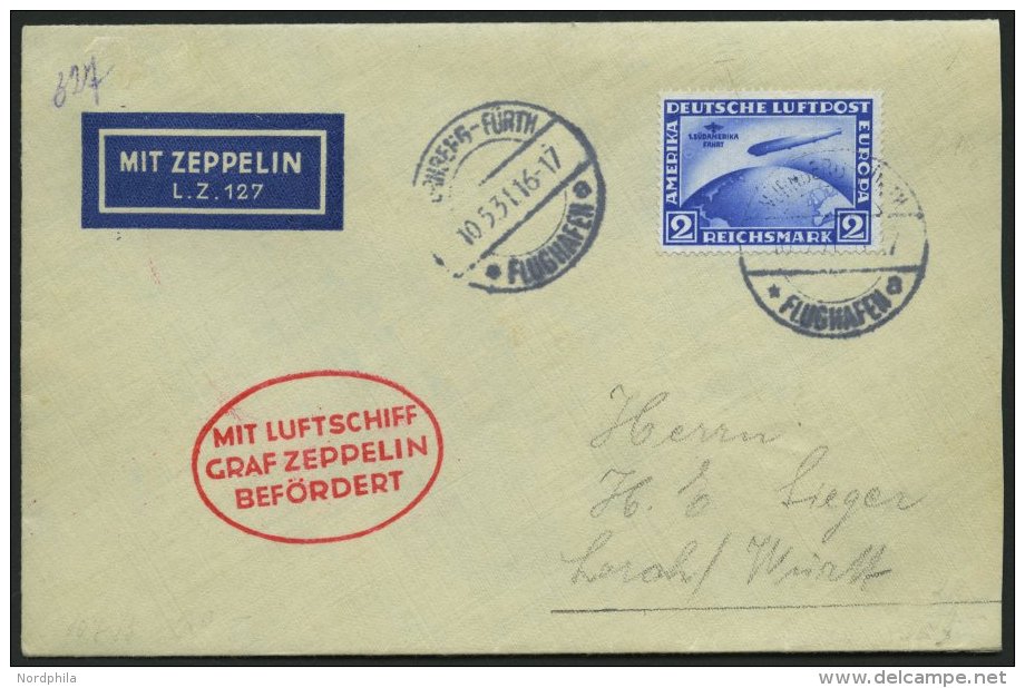 ZEPPELINPOST 107Da BRIEF, 1931, Fahrt N&uuml;rnberg-Friedrichshafen, Auflieferung N&uuml;rnberg, Frankiert Mit 2 RM S&uu - Zeppeline