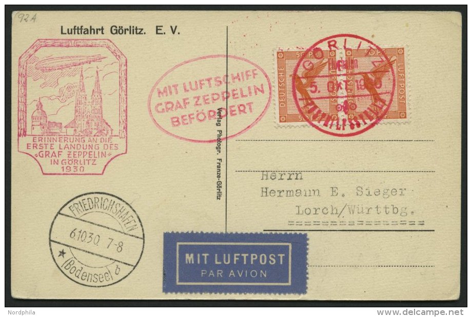ZEPPELINPOST 92A BRIEF, 1930, G&ouml;rlitz-Friedrichshafen, Prachtkarte - Luft- Und Zeppelinpost