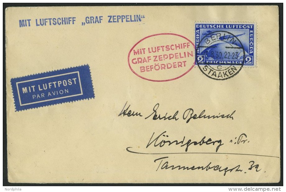 ZEPPELINPOST 80Bb BRIEF, 1930, Ostpreu&szlig;enfahrt, Auflieferung Berlin, Frankiert Mit 2 RM S&uuml;damerikafahrt, Prac - Zeppeline