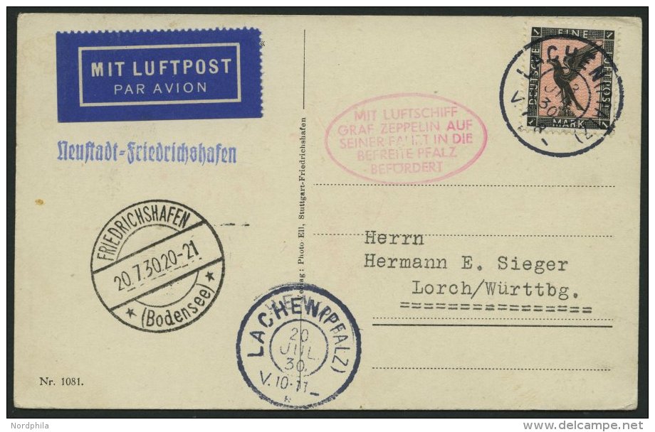 ZEPPELINPOST 75DI BRIEF, 1930, Pfalzfahrt, Lachen-Friedrichshafen, Tagesstempel Lachen 13. Juli Und 20. Juli, Prachtkart - Luft- Und Zeppelinpost