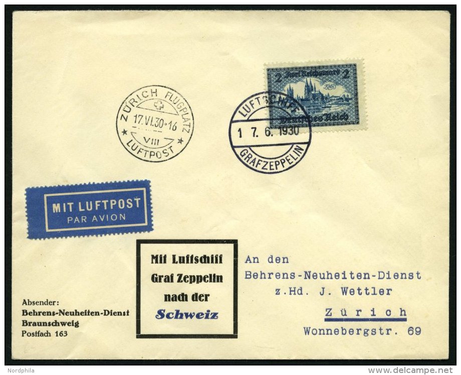 ZEPPELINPOST 66B BRIEF, 1930, Schweizfahrt, Bordpost, Mit Einzelfrankatur Mi.Nr. 440!, Prachtbrief - Zeppeline
