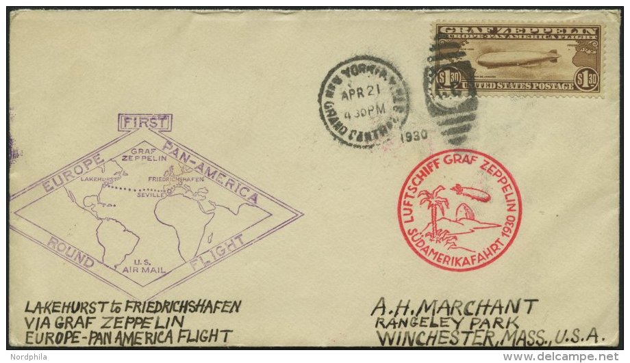 ZEPPELINPOST 64G BRIEF, 1930, Heimfahrt, US-Post, Best&auml;tigungsstempel Type II, Frankiert Mit 1.30 $, Prachtbrief - Zeppeline