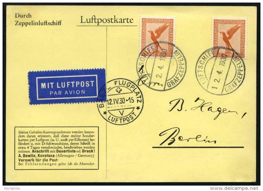 ZEPPELINPOST 51C BRIEF, 1930, Schweizfahrt, Abwurf Basel, Bordpost, Mit Mehrfachfrankatur Mi.Nr. 381, Prachtkarte - Zeppeline