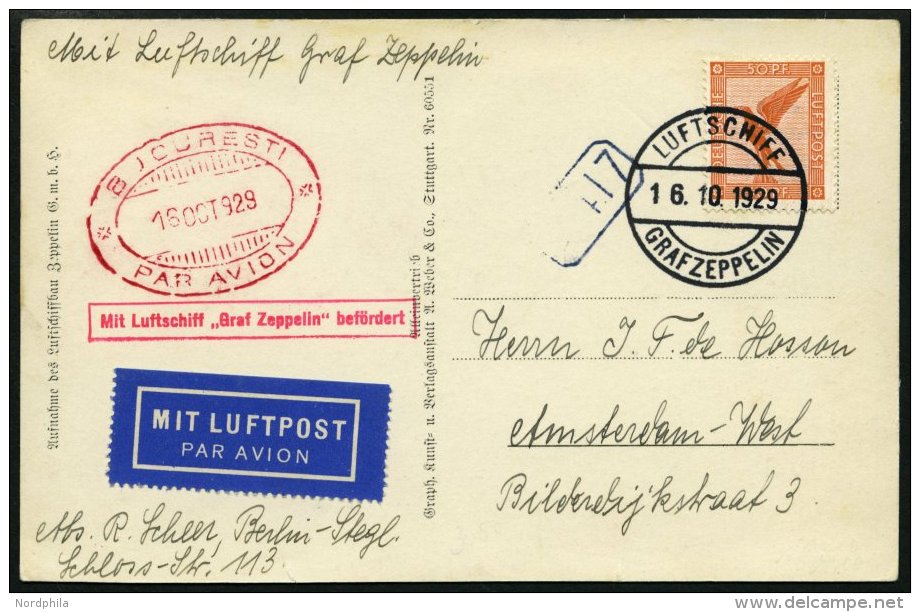 ZEPPELINPOST 42B BRIEF, 1929, Balkanfahrt, Abwurf Bukarest, Bordpost, Nur 850 Belege Bef&ouml;rdert, Prachtkarte - Zeppeline