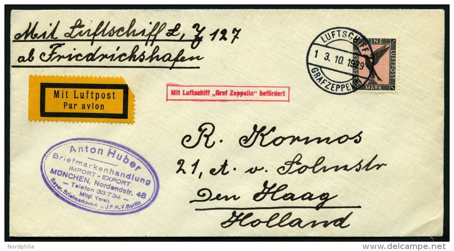 ZEPPELINPOST 41B BRIEF, 1929, Hollandfahrt, Abwurf Amsterdam, Bordpost, Prachtbrief - Zeppelines