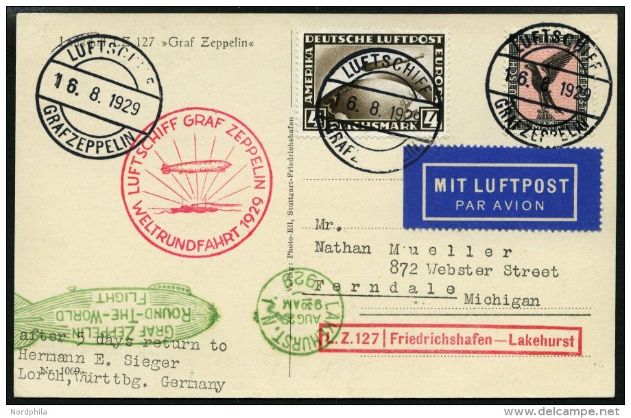 ZEPPELINPOST 30Bc BRIEF, 1929, Weltrundfahrt, Bordpost, Fr`hafen-Lakehurst, Frankiert Mit 4 RM, Prachtkarte - Zeppeline