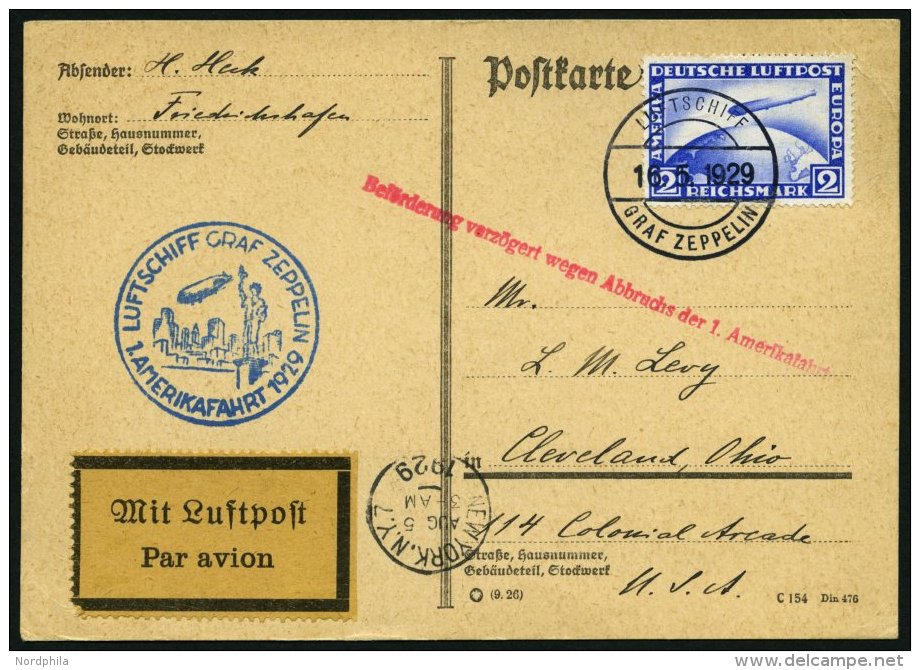 ZEPPELINPOST 26B BRIEF, 1929, Amerikafahrt, Bordpost, Frankiert Mit 2 RM, Karte Feinst - Zeppelines