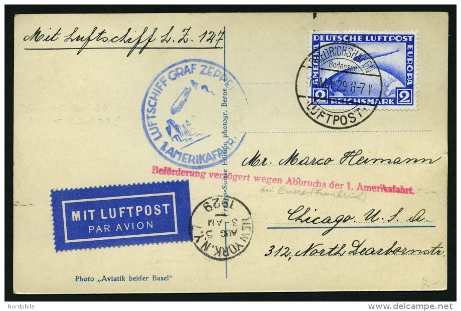 ZEPPELINPOST 26A BRIEF, 1929, Amerikafahrt, Auflieferung Fr`hafen, Frankiert Mit 2 RM, Prachtkarte - Zeppeline