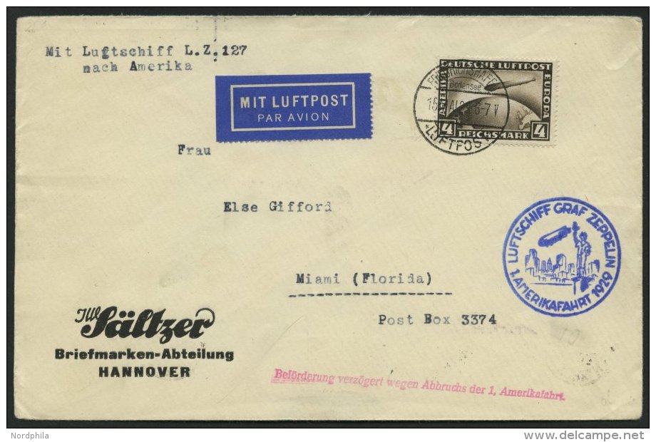 ZEPPELINPOST 26A BRIEF, 1929, Amerikafahrt, Auflieferung Friedrichshafen, Frankiert Mit 4 RM, Verz&ouml;gerungsstempel I - Luft- Und Zeppelinpost