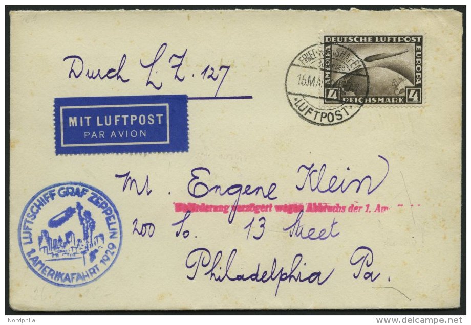 ZEPPELINPOST 26A BRIEF, 1929, Amerikafahrt, Auflieferung Friedrichshafen, Frankiert Mit 4 RM, Verz&ouml;gerungsstempel I - Correo Aéreo & Zeppelin