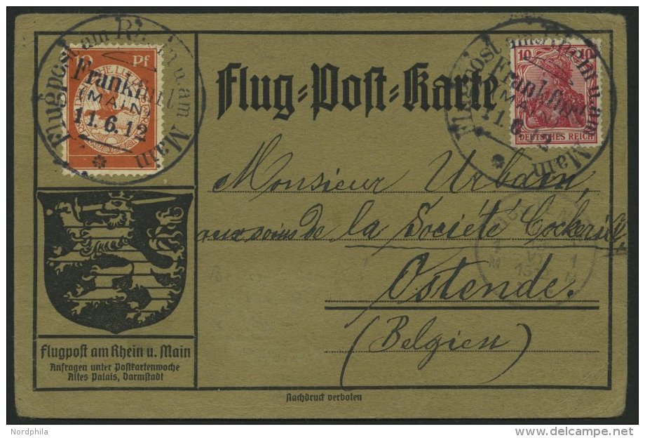 ZEPPELINPOST 10 BRIEF, 1912, 10 Pf. Flp. Am Rhein Und Main Auf Flugpostkarte Mit 10 Pf. Zusatzfrankatur, Sonderstempel F - Luft- Und Zeppelinpost