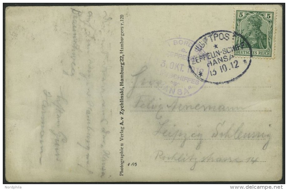 ZEPPELINPOST 6Ia BRIEF, 1912, Luftschiff Hansa, Bordpoststempel Und Bordpost Vom 13.13.12 Von Der Fahrt Von Hamburg Nach - Zeppeline