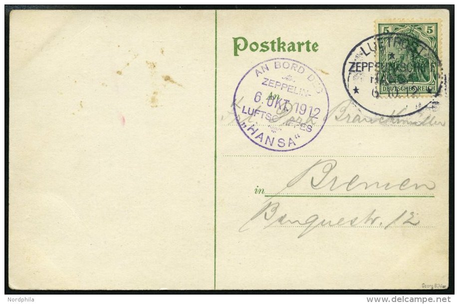 ZEPPELINPOST 6Ia BRIEF, 1912, Luftschiff Hansa, Bordpoststempel Und Bordstempel Vom 6.10.12 Von Der Fahrt Von Hamburg Na - Zeppeline