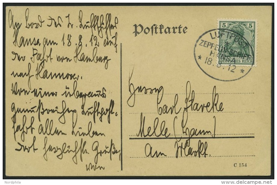 ZEPPELINPOST 6I BRIEF, 1912, Luftschiff Hansa, Fahrt Hamburg-Hannover Vom 18.8.1912, Mit Bordpoststempel In Type I Auf S - Luft- Und Zeppelinpost