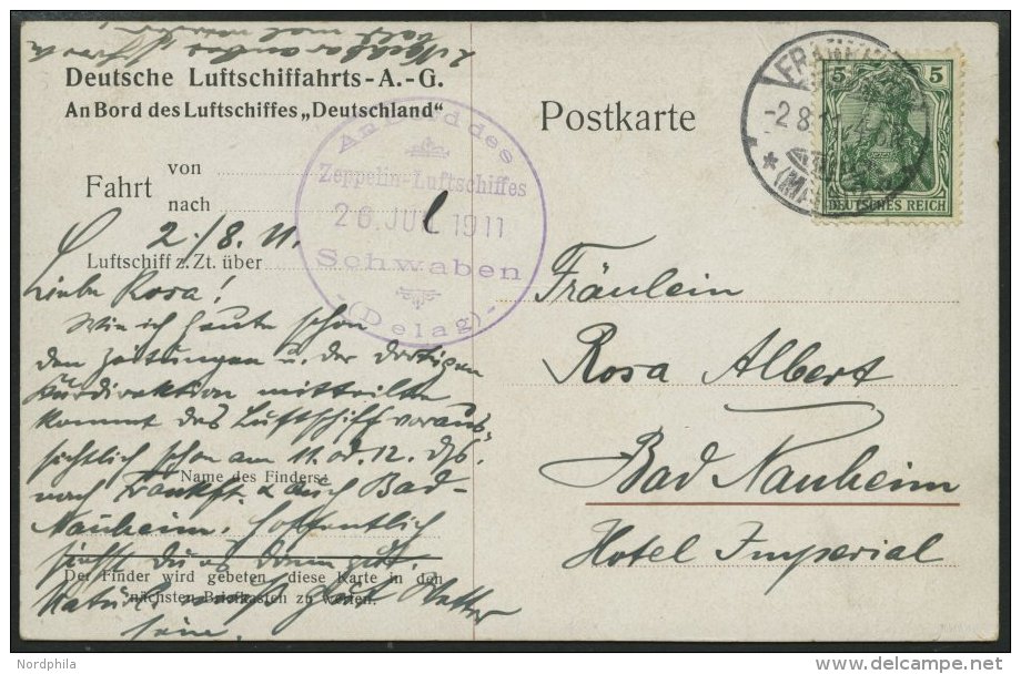 ZEPPELINPOST 2II BRIEF, 2.8.1911, Luftschiff Schwaben, Fahrt Oos-Frankfurt, Violetter Bordstempel 26. JUN 1911, Handschr - Correo Aéreo & Zeppelin