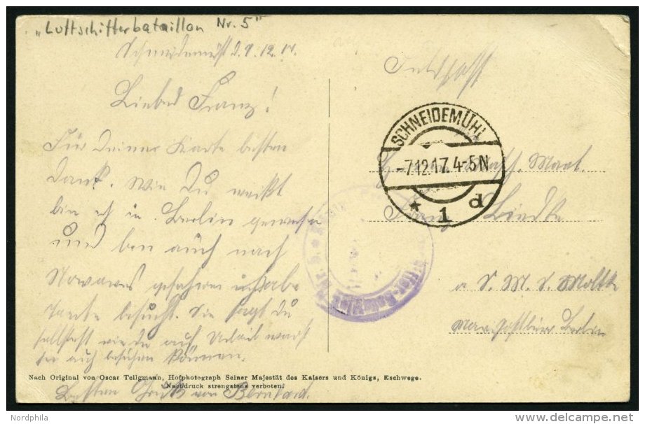 ZEPPELINPOST - MILIT&Auml;RLUFTSCHIFFAHRT 1917, LUFTSCHIFFERBATAILLON Nr. 5, Violetter Briefstempel Auf Karte Aus SCHNEI - Correo Aéreo & Zeppelin