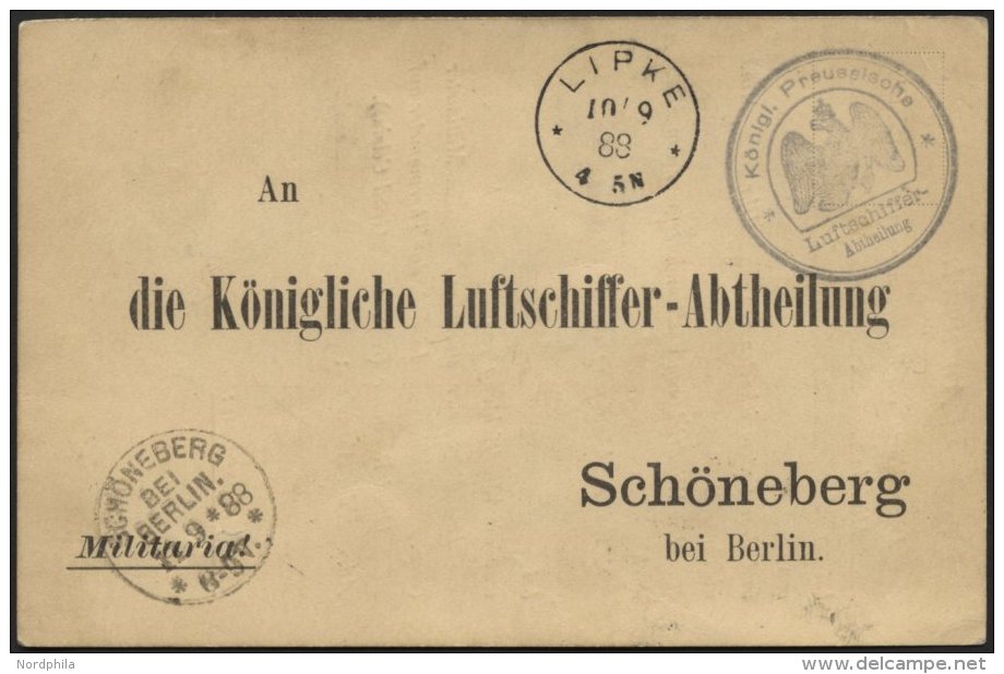 ZEPPELINPOST - MILIT&Auml;RLUFTSCHIFFAHRT Die Preussische Luftschiffer-Abteilung: 7.9.1888, Vordruck-Abwurfkarte Mit Vio - Luft- Und Zeppelinpost