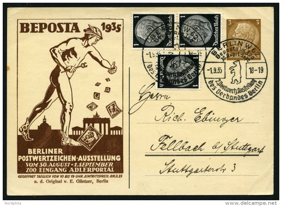 GANZSACHEN PP 122C05 BRIEF, Privatpost: 1935, 3 Pf. Hindenburg Beposta, Ansicht In Braun, Mit 3 Pf. Zusatzfrankatur, Son - Sonstige & Ohne Zuordnung