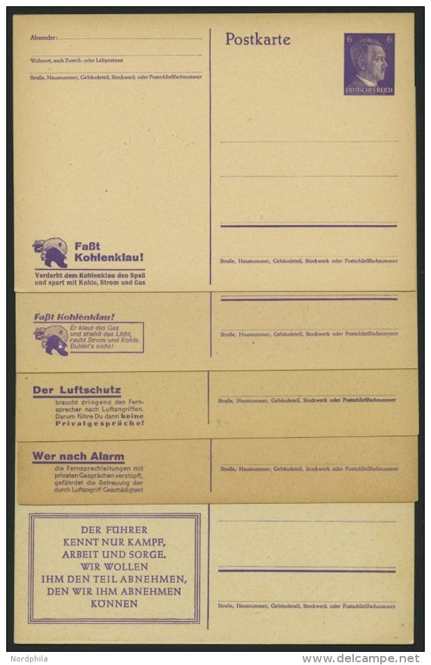 GANZSACHEN P312/1-3,7,9 BRIEF, 1943, 6 Pf. Violett Hitler Mit 5 Verschiedenen Propagandavordrucken, Ungebraucht, 4 Prach - Otros & Sin Clasificación