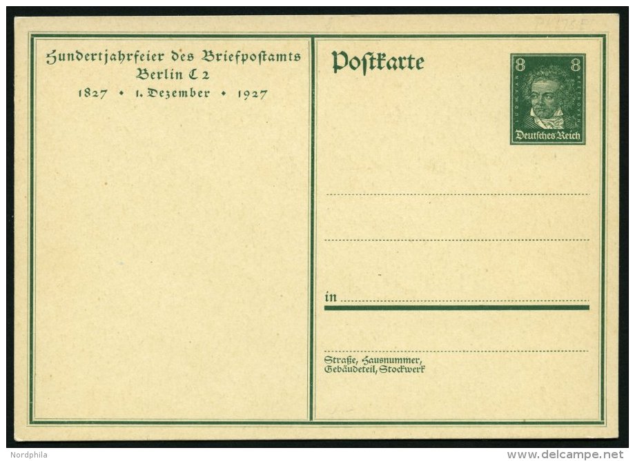 GANZSACHEN P 179 BRIEF, 1927, 8 Pf. Beethoven 100-Jahr-Feier Des Briefpostamtes Berlin, Ungebraucht, Pracht, Mi. 55.- - Otros & Sin Clasificación