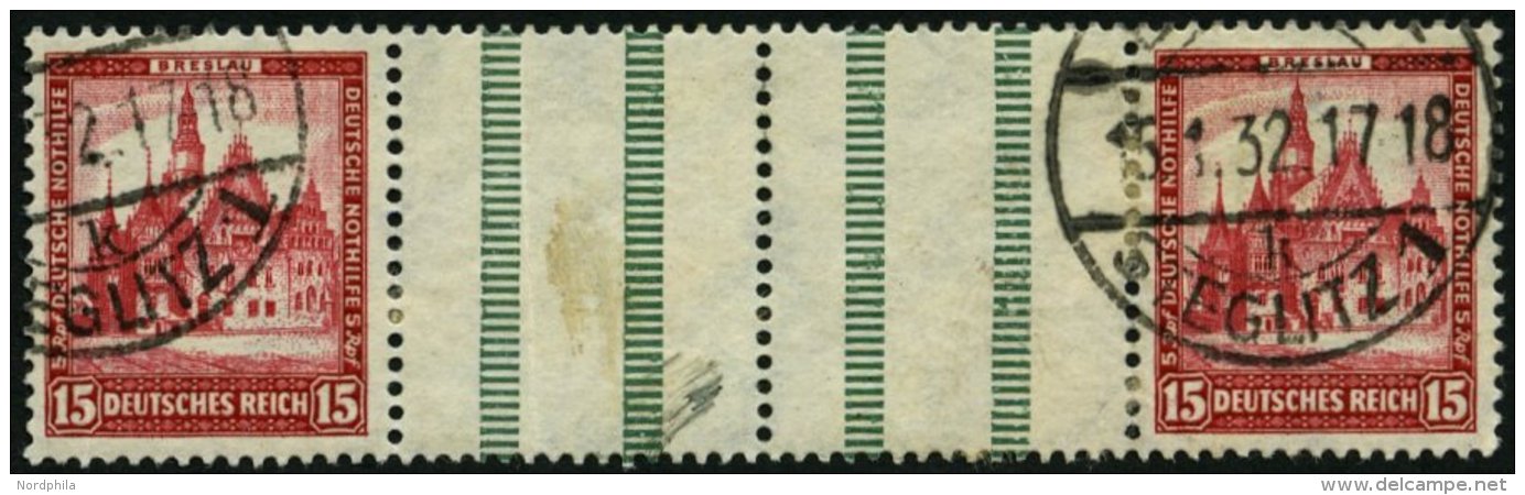 ZUSAMMENDRUCKE WZ 8 O, 1931, Nothilfe 15 + Z + Z + 15, Feinst (senkrechter Bug Im Steg), Mi. 600.- - Zusammendrucke
