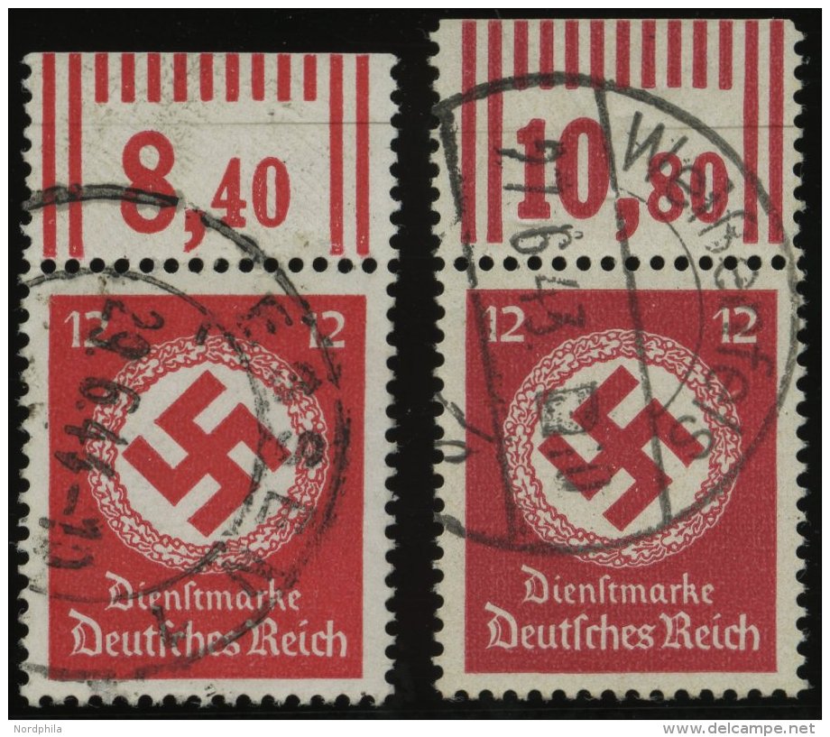 DIENSTMARKEN D 172a,bWOR O, 1944, 12 Pf., Beide Farben, Ohne Wz., Walzendruck, 2 Oberrandst&uuml;cke, Pracht (1x R&uuml; - Oficial