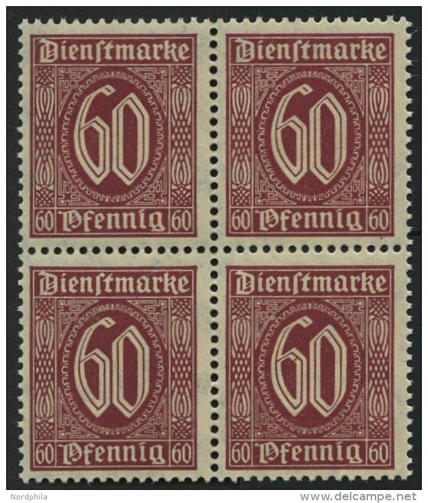 DIENSTMARKEN D 66b VB **, 1921, 60 Pf. Dunkelbr&auml;unlichkarmin Im Viererblock, Pracht, Gepr. Infla, Mi. 60.- - Oficial