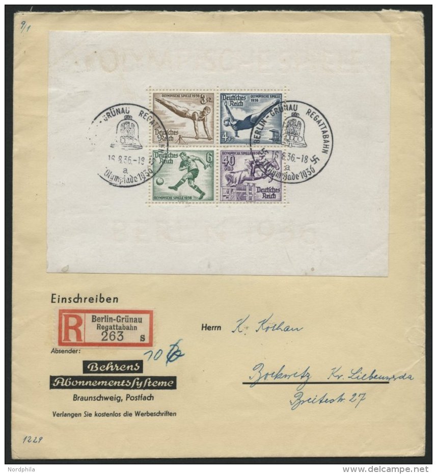 Dt. Reich Bl. 5 BRIEF, 1936, Block Olympische Spiele Auf Einschreibbrief, Stempel BERLIN-GR&Uuml;NAU REGATTABAHN, Feinst - Oblitérés