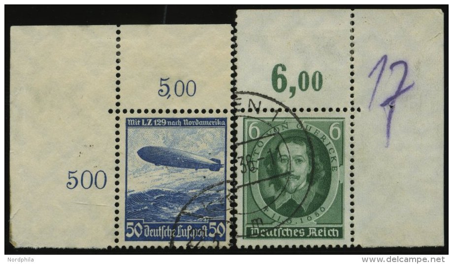Dt. Reich 606Y,608 O, 1936, 50 Pf. Hindenburg, Wz. Y Und 6 Pf. Guericke, 2 Obere Bogenecken, Pracht - Otros & Sin Clasificación