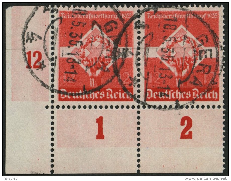 Dt. Reich 572 Paar O, 1935, 12 Pf. Reichsberufswettbewerb Im Paar Aus Der Linken Unteren Bogenecke, Feinst - Sonstige & Ohne Zuordnung