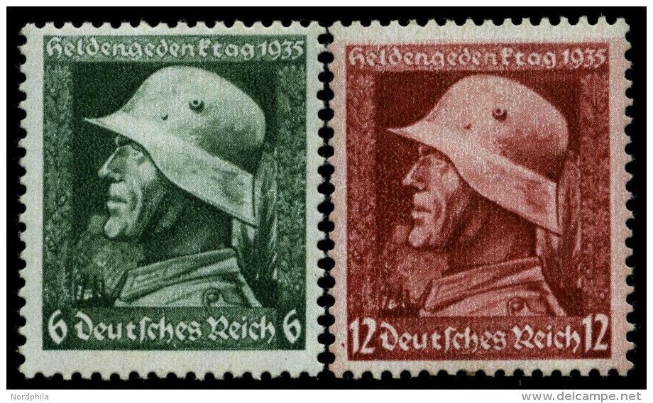 Dt. Reich 569/70x **, 1935, Heldengedenktag, Senkrechte Gummiriffelung,12 Pf. Ein Brauner Zahn Sonst Pracht, Mi. 90.- - Gebraucht