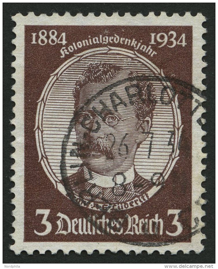 Dt. Reich 540yb O, 1934, 3 Pf. Dunkelr&ouml;tlichbraun L&uuml;deritz, Pracht, Fotoattest H.D. Schlegel, Mi. (600.-) - Sonstige & Ohne Zuordnung