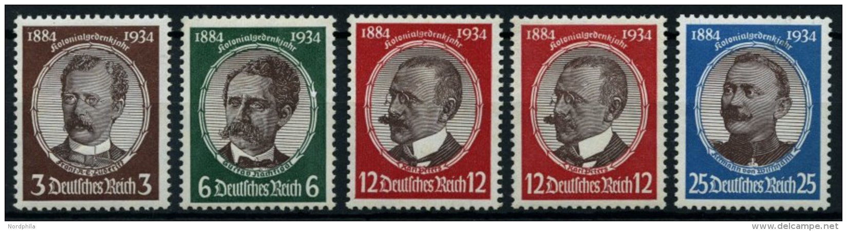 Dt. Reich 540-43x,y **, 1934, Kolonialforscher, 12 Pf. Beide Gummiriffelungen, 5 Prachtwerte, Mi. 235.- - Usados