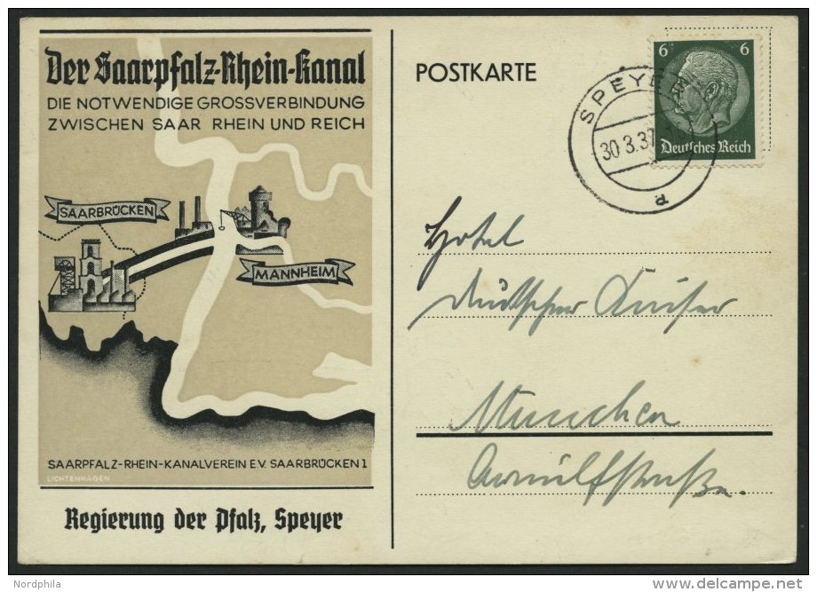 Dt. Reich 516 BRIEF, 1934, 6 Pf. Hindenburg Auf Reklamekarte Der Saarpfalz-Rhein-Kanal, Pracht - Sonstige & Ohne Zuordnung
