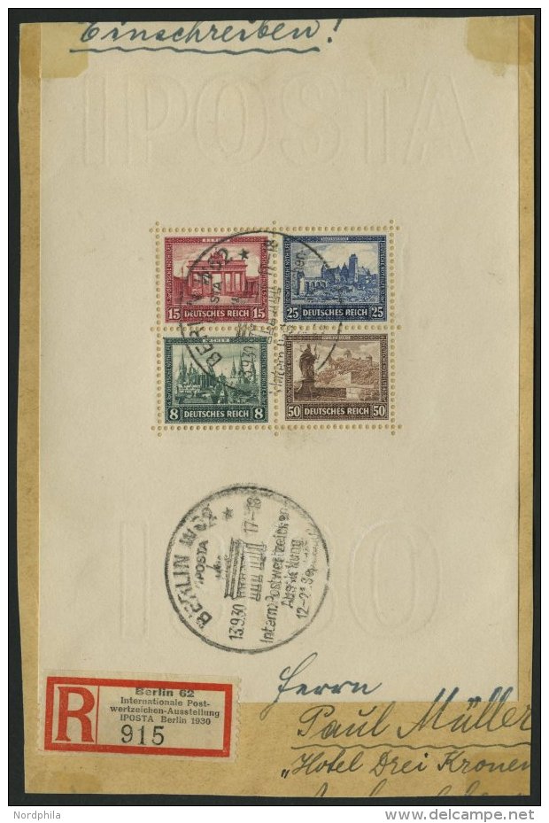 Dt. Reich Bl. 1 BrfStk, 1930, Block IPOSTA, Sonderstempel Auf Bedarfsbriefst&uuml;ck Mit R-Zettel Und &uuml;bergehender - Usados