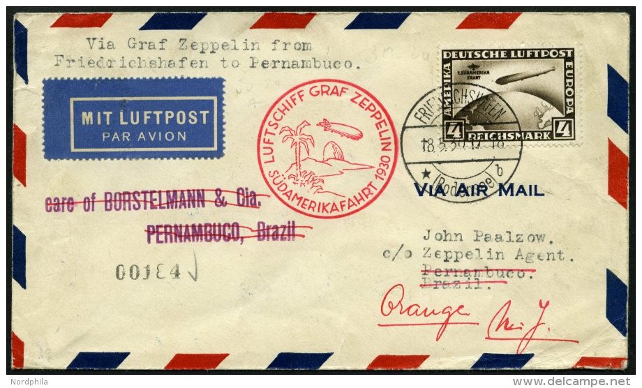 Dt. Reich 439X BRIEF, 1930, 4 RM S&uuml;damerikafahrt, Wz. Stehend, Auf S&uuml;damerikafahrtbrief, Pracht, Mi. 500.- - Gebraucht